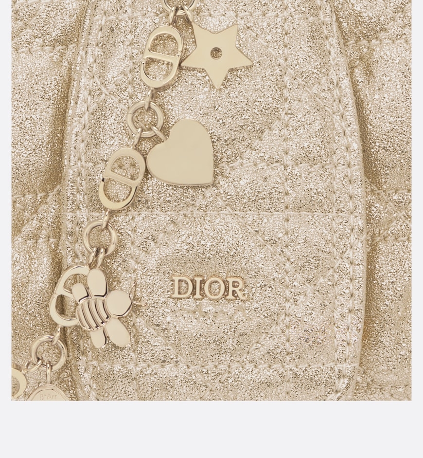 除了同色調皮革提把，心形、星星和蜜蜂形狀的 Dior 吊墜令可拆卸的金色金屬鏈條更加豐富