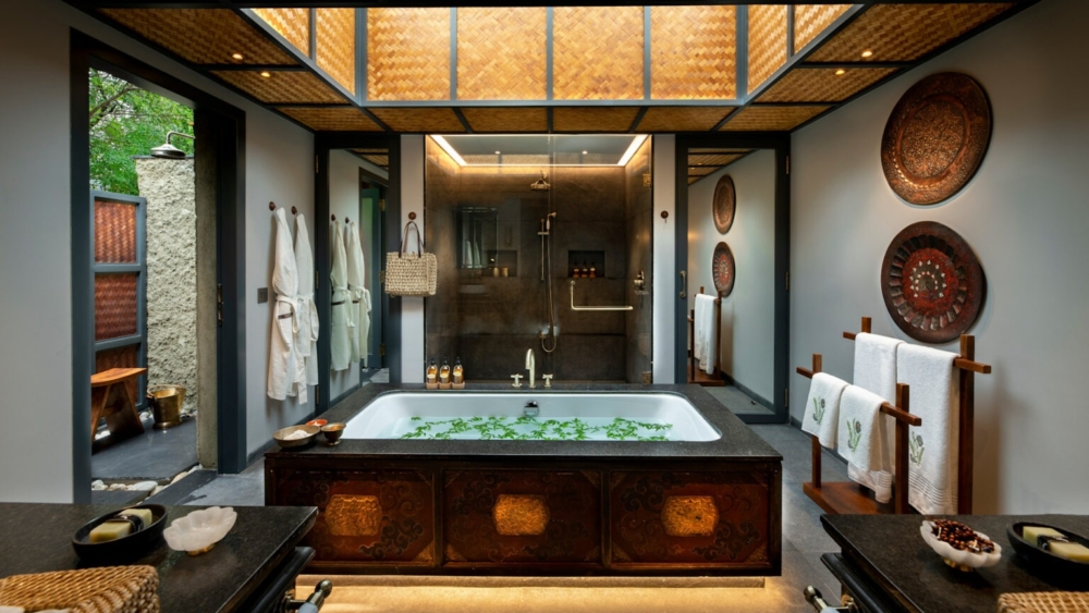 一間帶有跳水池和熱水浴的單臥套房。