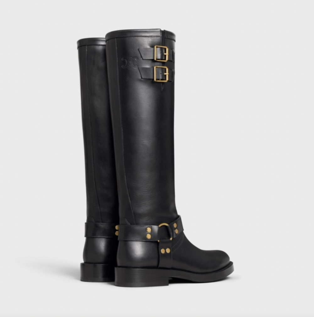 High Boot CELINE Biker in Calfskin-Vegetal Tanning Black。