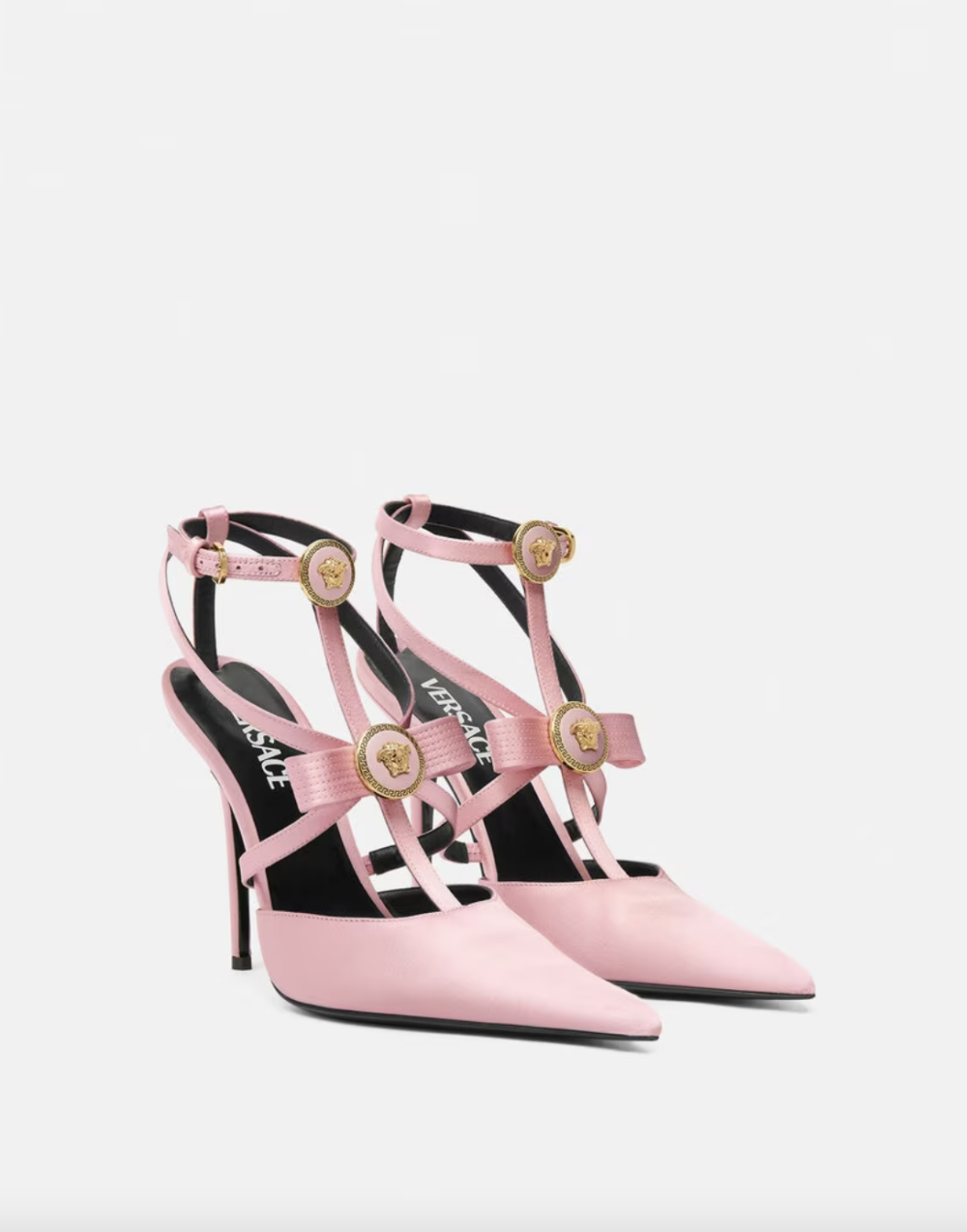 Gianni Ribbon Cage Satin Pumps。