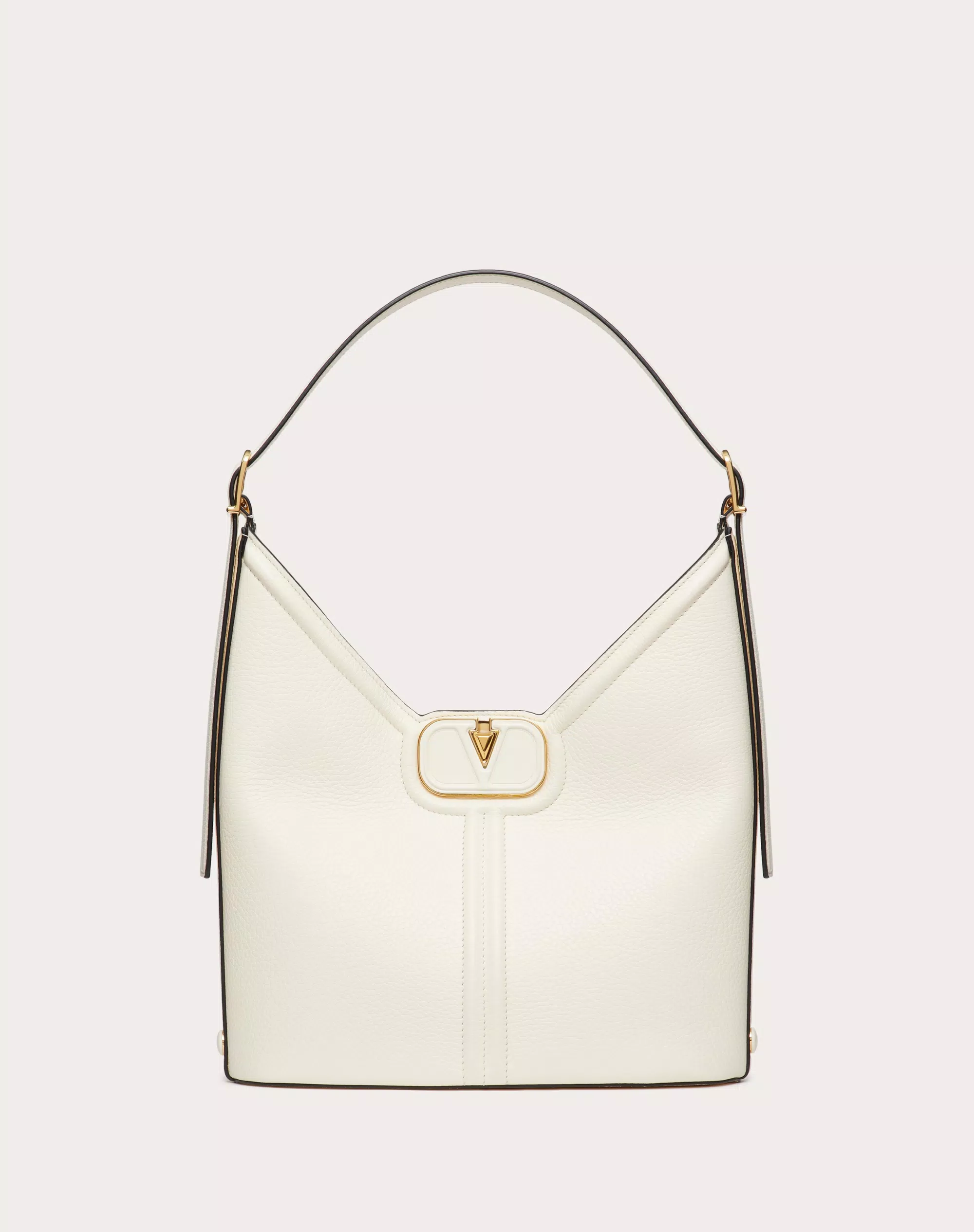 VLogo Leather Hobo Bag in Grainy Calfskin。