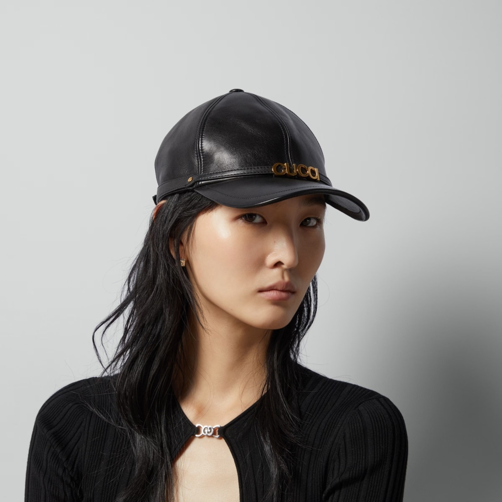 Leather Baseball Hat with Gucci Detail。