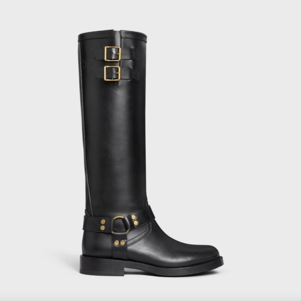 High Boot CELINE Biker in Calfskin-Vegetal Tanning Black。