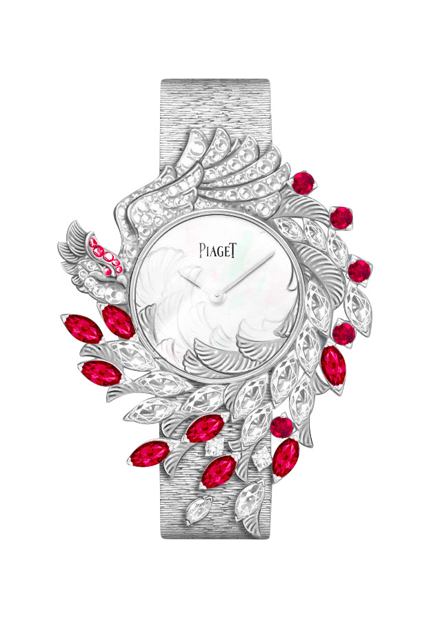 Piaget頂級珠寶系列鳳凰珠寶腕錶,錶徑46.5mm/18K白金鑲嵌鑽石與紅寶石/430P超薄手動上鍊機芯/時、分/全球限量8只