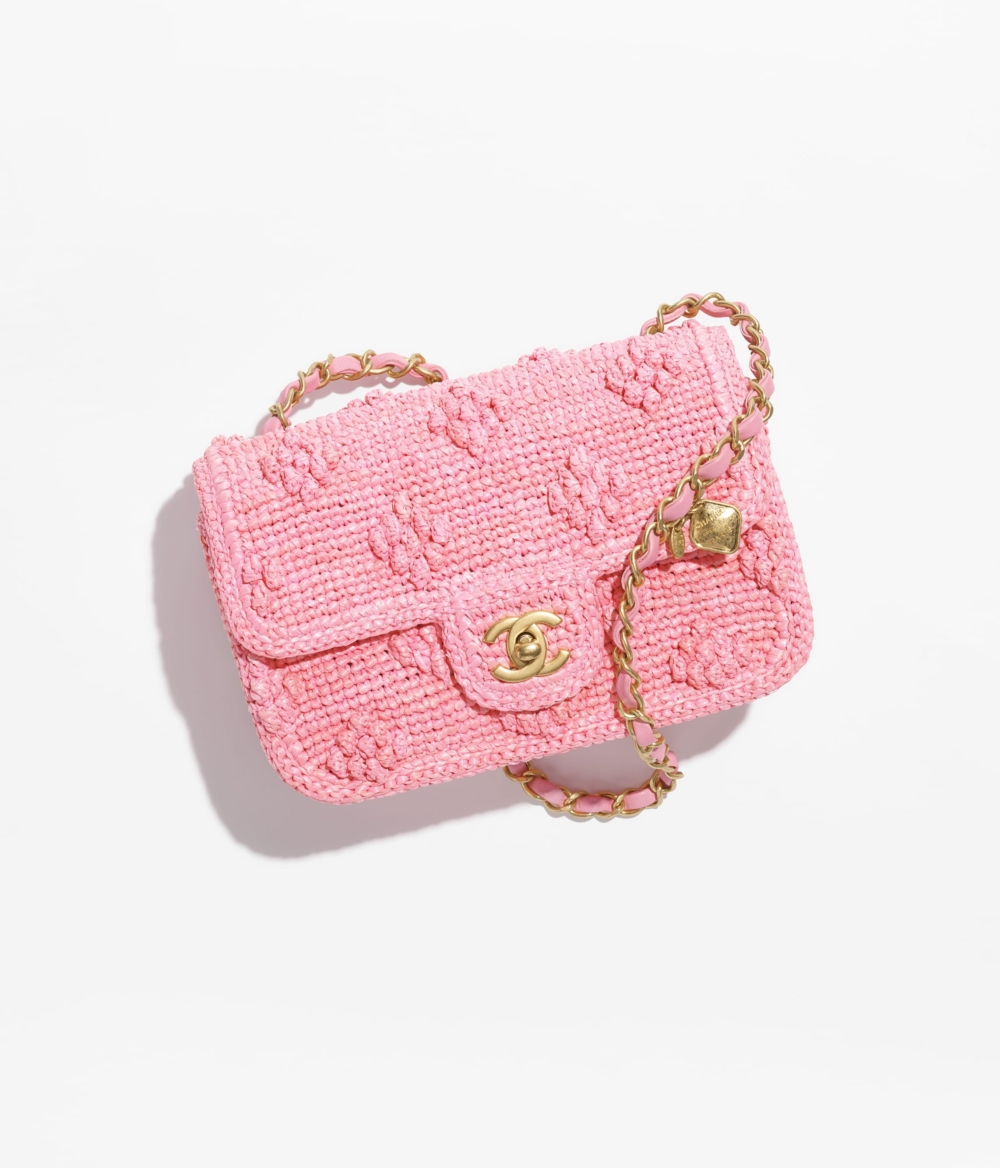 CHANEL Flap Bag掀蓋手袋粉色拉菲草