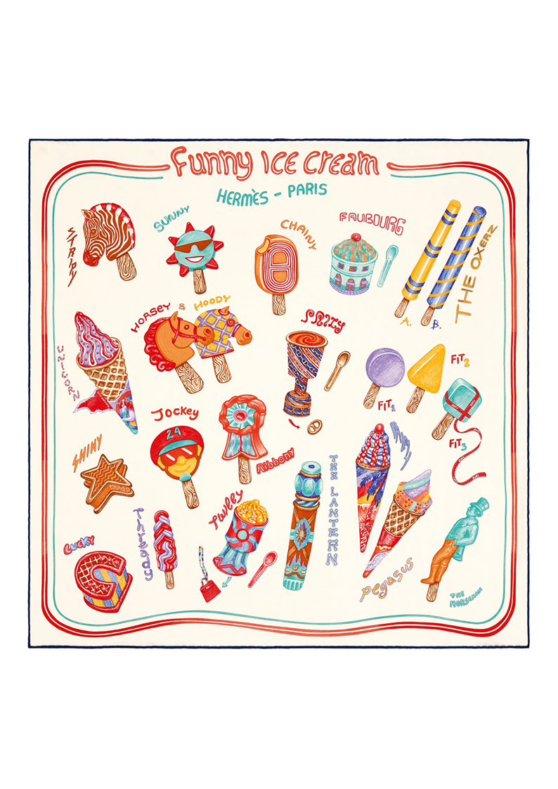 Funny Ice Cream 圖紋印花真絲仿古方巾。