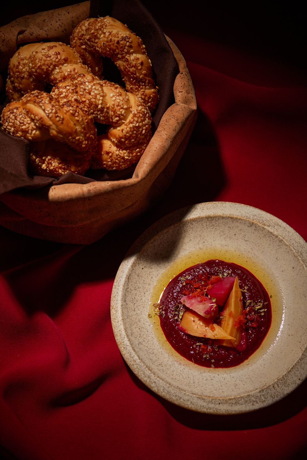 Simit Bread with Beetroot Dip。