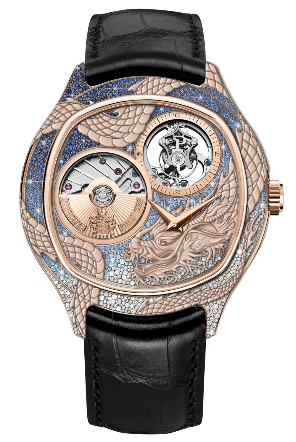 Piaget Polo Emperador系列龍年限定18K玫瑰金藍寶石鑽石陀飛輪腕錶,錶徑46.5mm/18K玫瑰金錶殼鑲鑽與藍寶石/1270P超薄自動上鍊陀飛輪機芯/時、分、動力儲存顯示、飛行陀飛輪/全球限量8只