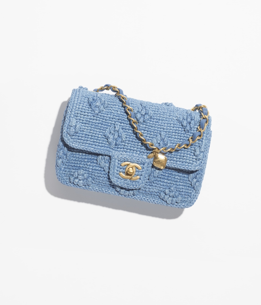 CHANEL Flap Bag掀蓋手袋水藍色拉菲草