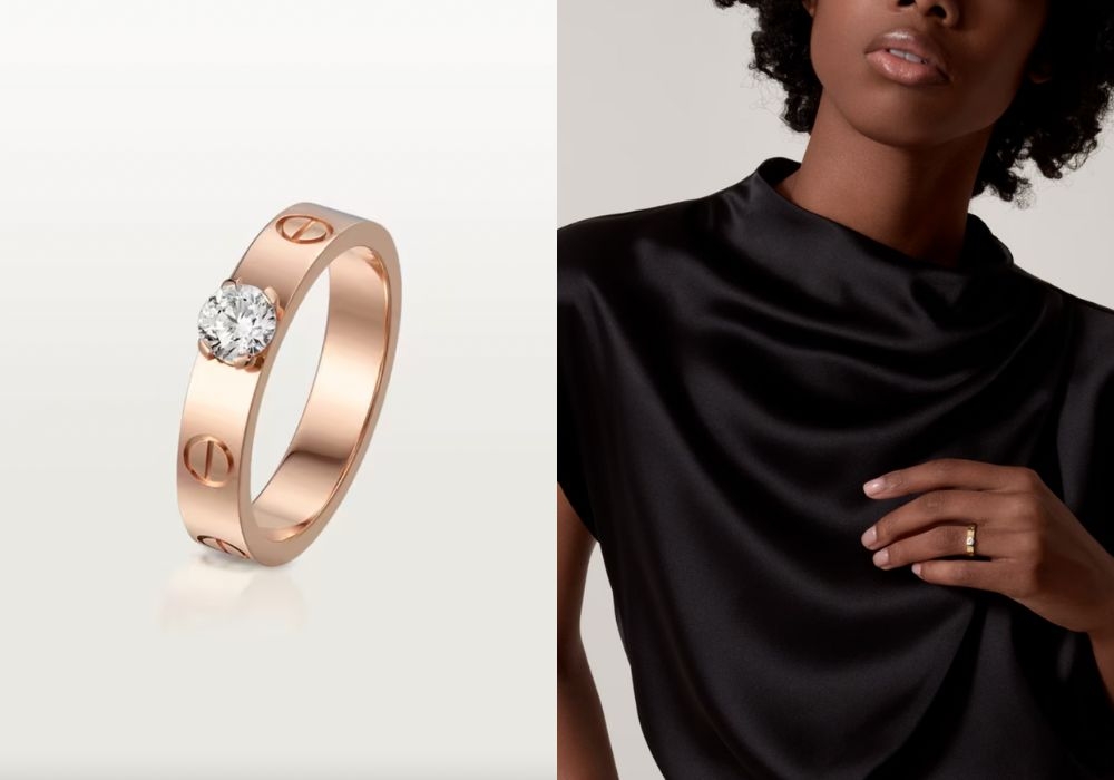 這枚Love單鑽戒指的特別之處為它可以客製化的挑選點綴在上方的鑽石。