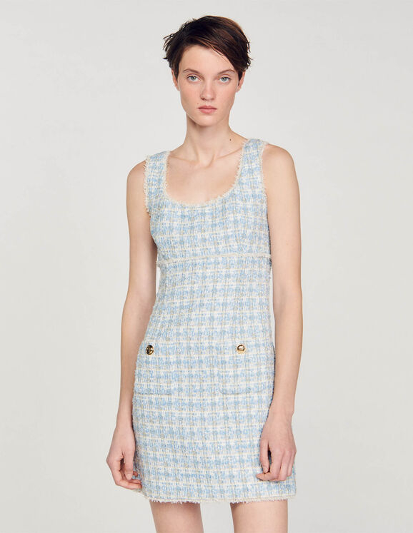 SANDRO淺藍色粗花呢吊帶洋裝