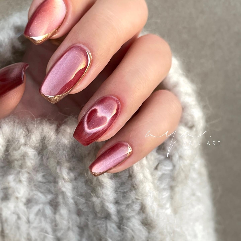 情人節愛心貓眼美甲推薦：鎏金美拉德愛心貓眼