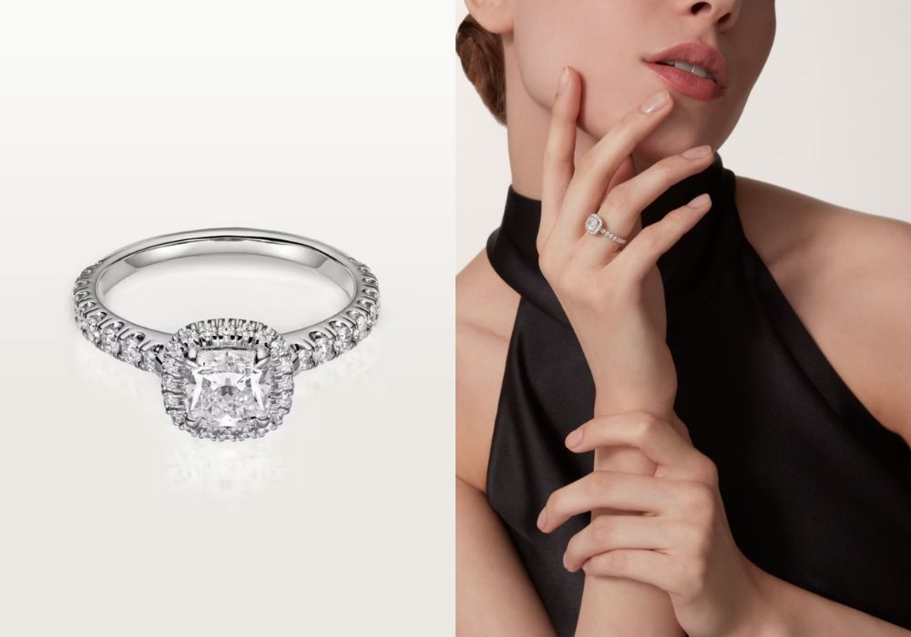 在主鑽之外還有一圈的碎鑽點綴著的Cartier Destinée單鑽戒指。