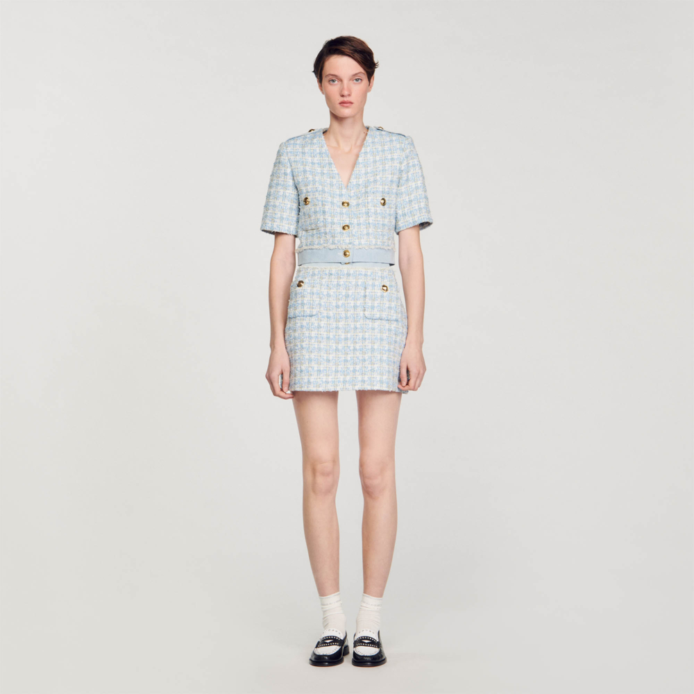 SANDRO淺藍色粗花呢短袖外套、短裙