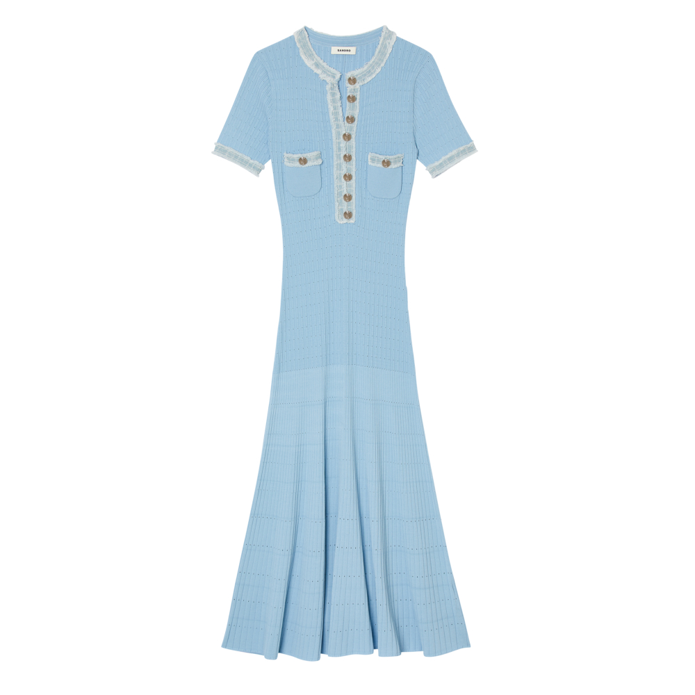 SANDRO藍色雙口袋針織長洋裝