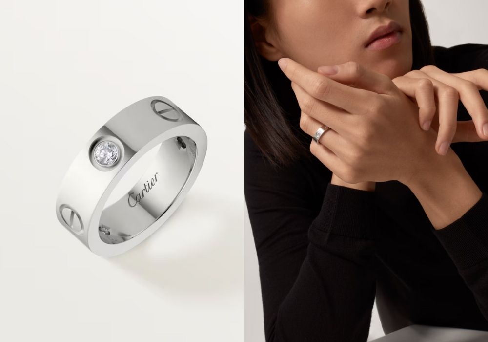 出自經典LOVE珠寶系列的Love戒指，3顆鑽石，閃耀的鑽石成為你們的愛情宣言。