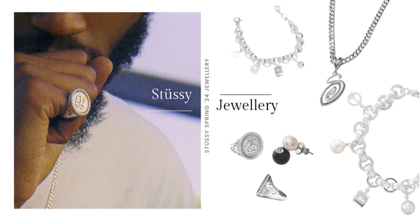 Stüssy首度推出珠寶系列：戴上Stüssy骰子珍珠項鍊、8號球鑲釘耳環、縞瑪瑙戒指優雅與個性交織