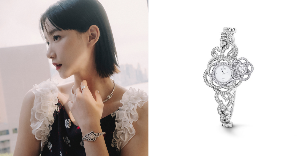 CHANEL Camélia系列刺繡山茶花圖騰18K白金鑽石珠寶腕錶成為造型主角
