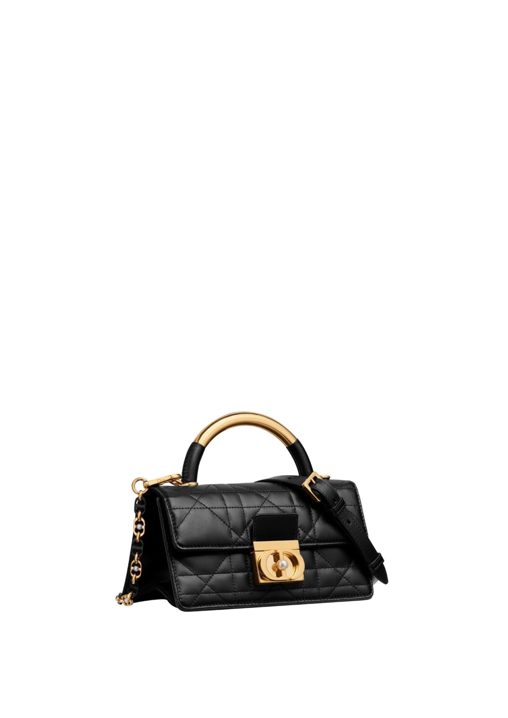 Dior Ange 黑色籐格紋與金色手把金屬CD背帶小牛皮迷你提包。