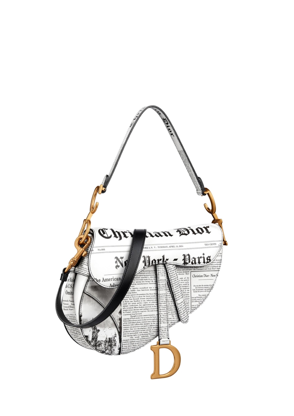 SADDLE 白色報紙印花小牛皮中型馬鞍包 。