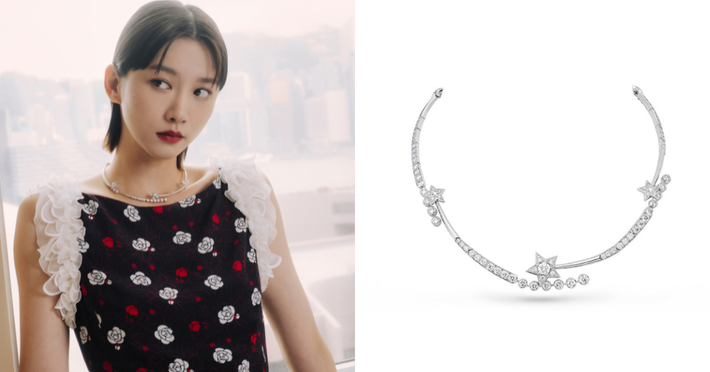 CHANEL Comète Couture 18K白金鑽石項鏈巧妙地貼合在領口線條上，為她的脖頸線條增添了一份高級和精緻感