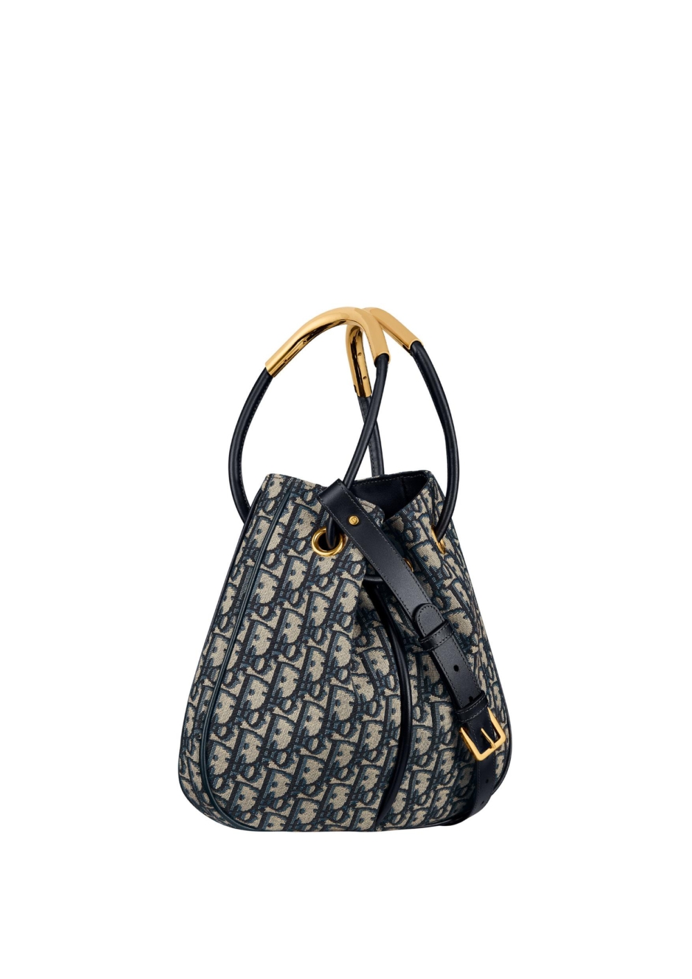 Dior NOLITA 藍色 OBLIQUE 緹花與金色手把小牛皮中型提包。