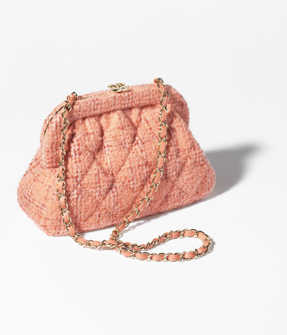 CHANEL菱格紋手提小包橙及米色的Tweed材質