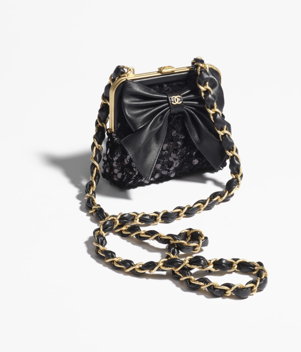 CHANEL蝴蝶結鏈條亮片手提包