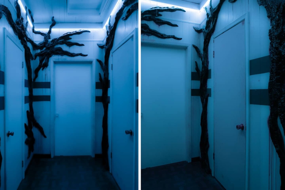 在這之中有一個房間以顛倒世界為靈感，牆面上爬滿黑色藤蔓