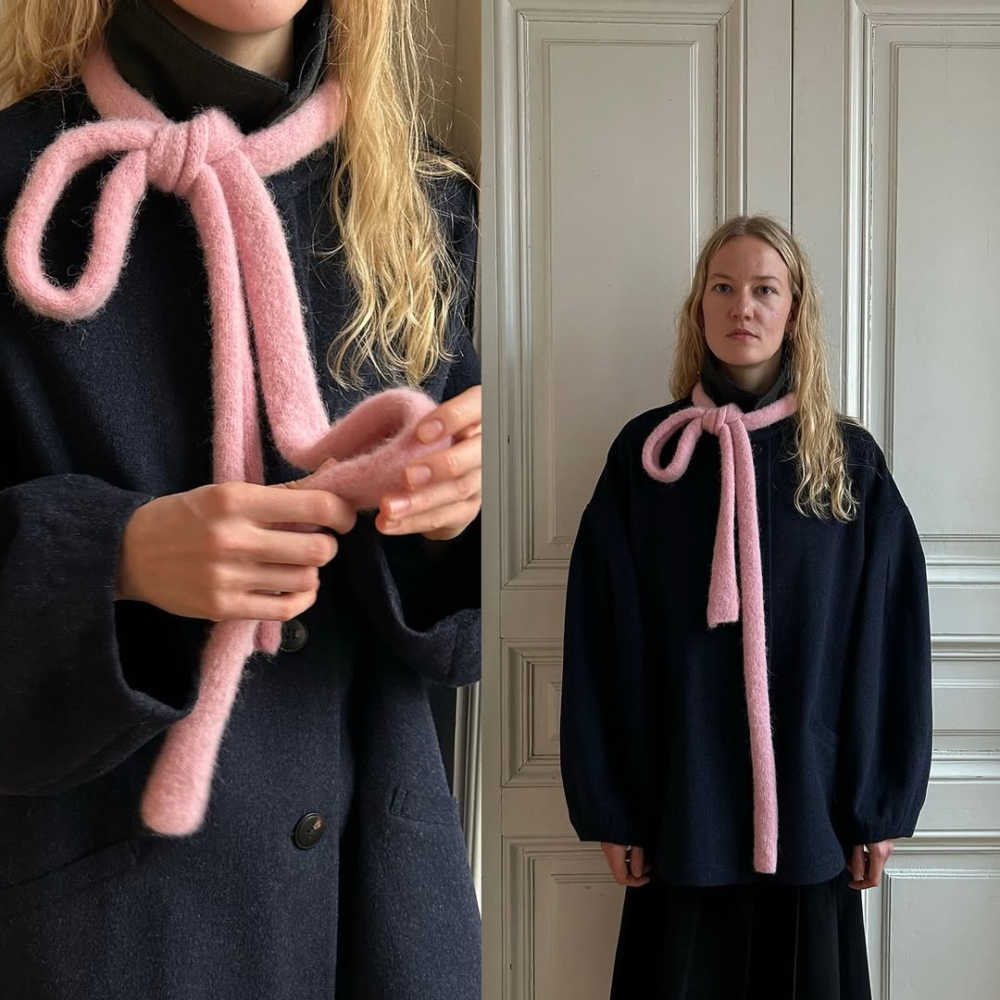 今年也非常流行將細長圍巾打上一個蝴蝶結