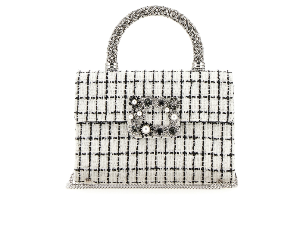 Roger Vivier Flower Strass 黑白格紋毛呢珍珠花鑽晚宴包