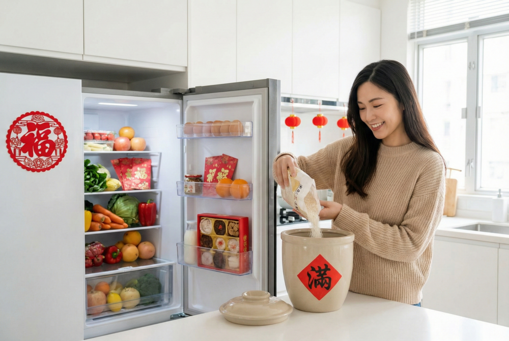 米缸與雪櫃保持滿溢，象徵新年豐足招財，保護家中好運。