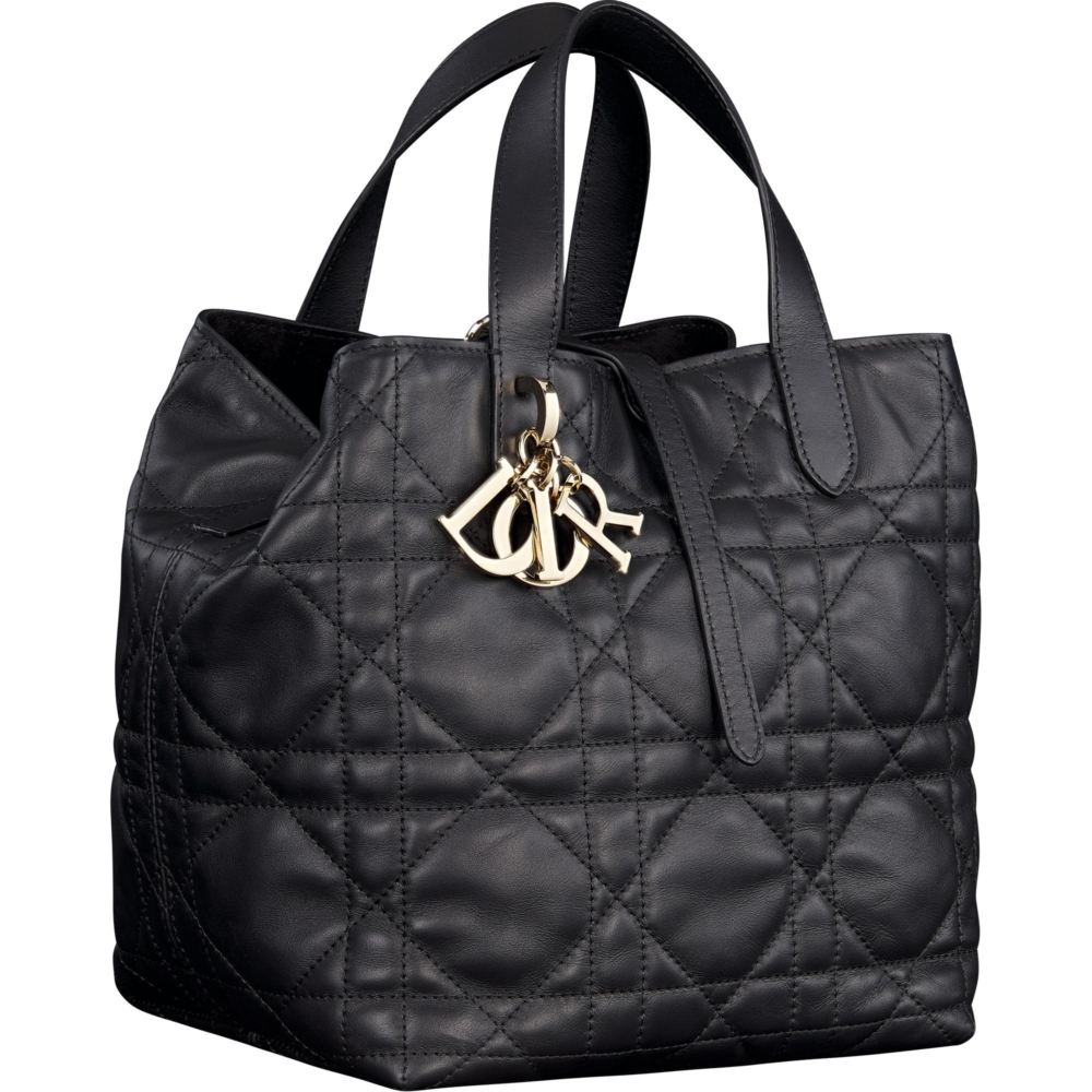 Dior Toujours黑色籐格紋皮革直式中型Tote Bag