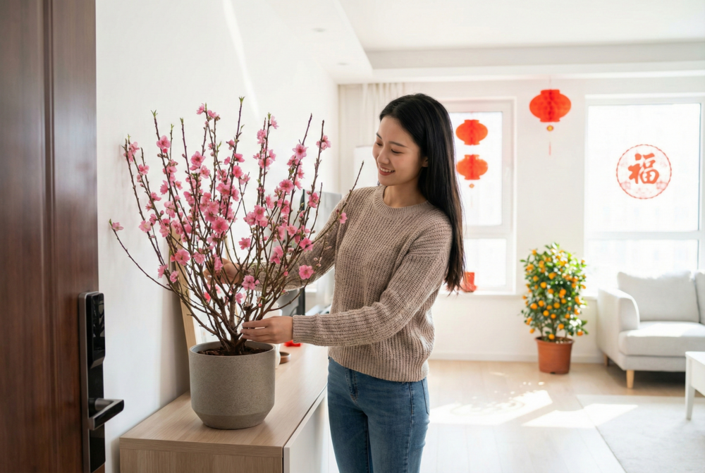 年花擺放講究風水，梅花宜放大門旁迎福，富貴竹、年桔、發財樹放客廳招財添運。
