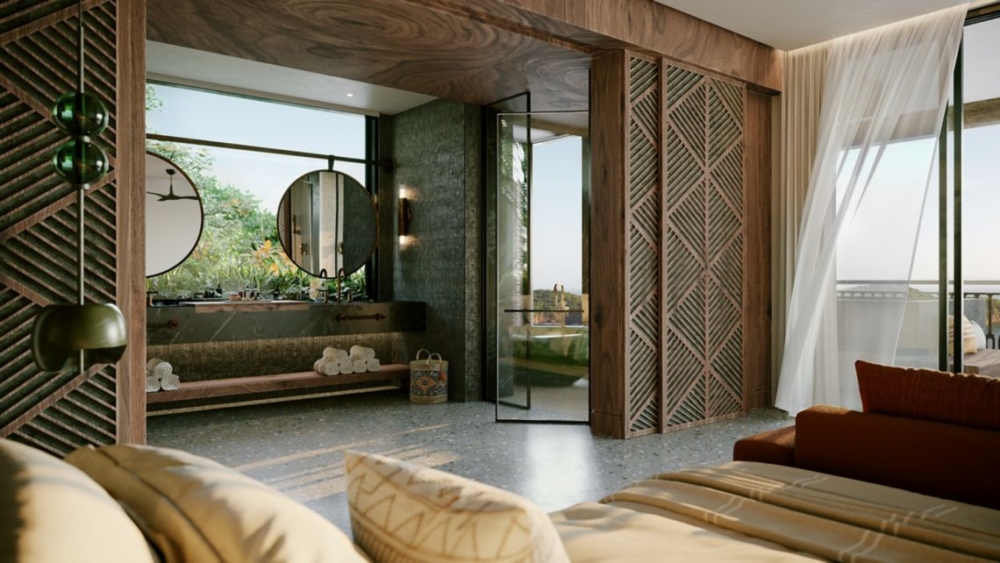 房內設有寬敞的起居空間、高檔家具以及私人泳池與露台