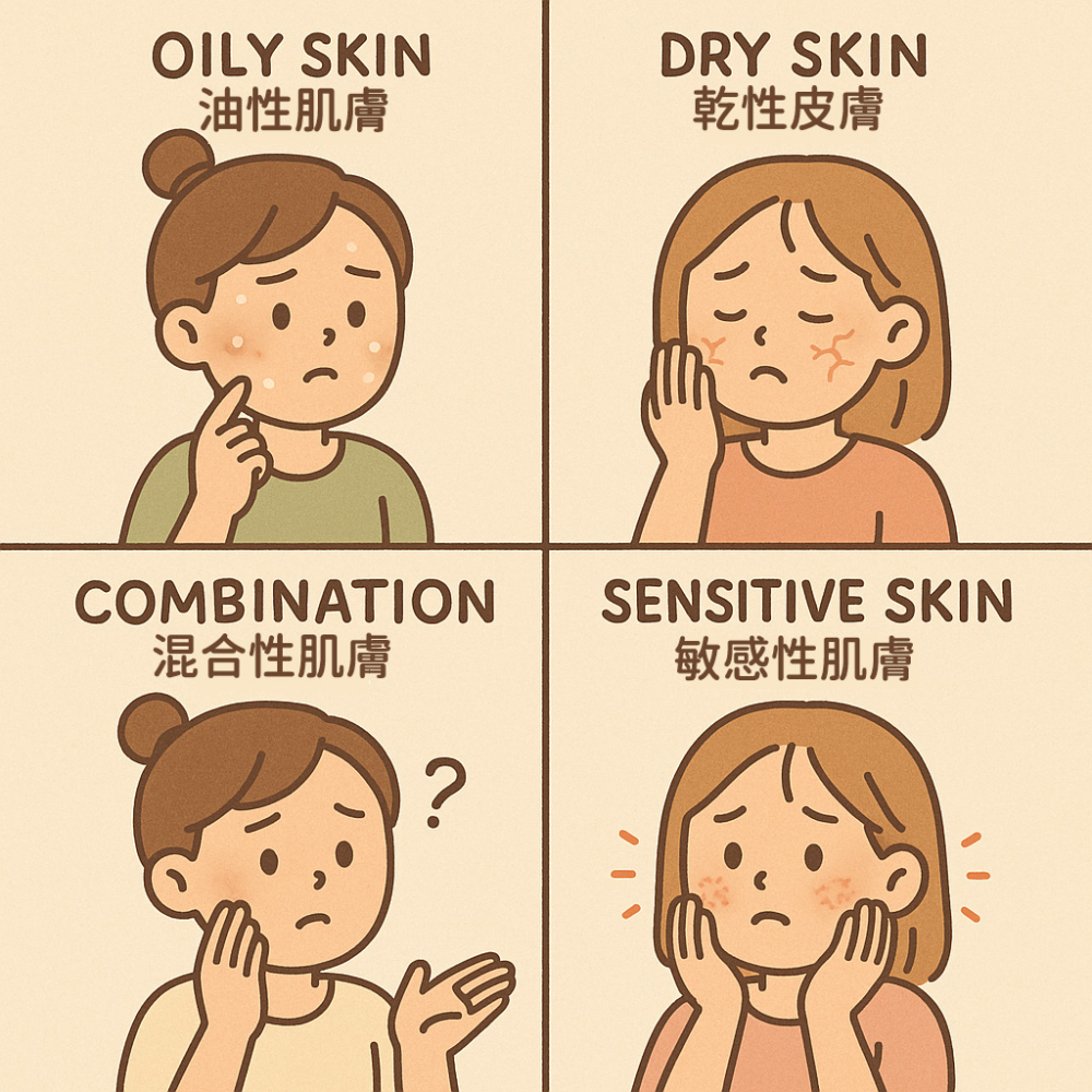 雖然膚質可能會隨季節、年齡、環境等因素變化,但通常可以根據洗臉後的感受和日常出油狀況來做一個基本判斷。
