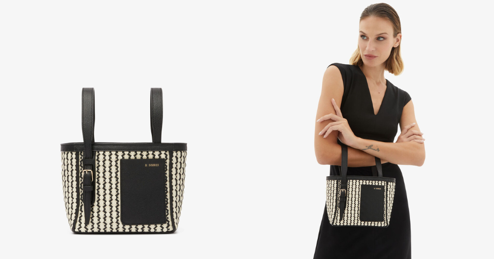 Valextra羊皮紙白/黑色蕾絲迷你水桶袋