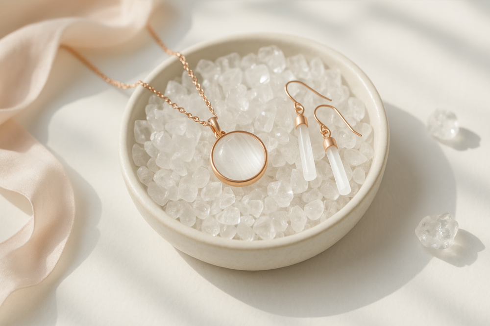 將透石膏靜置於白水晶碎石上數小時,也能協助釋放累積的負能量。