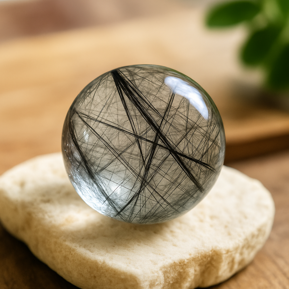 黑髮晶(Black Rutilated Quartz)屬於石英家族,晶體清透,內含細密黑色針狀物,外觀猶如髮絲交織其中,展現出低調且神秘的獨特美感~