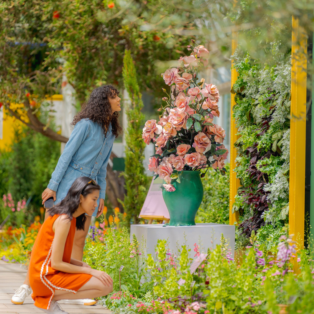 陽光穿過多彩玻璃映照在繽紛的熱帶花卉上，霎時間如同進入一座微型雨林的夢幻樂園