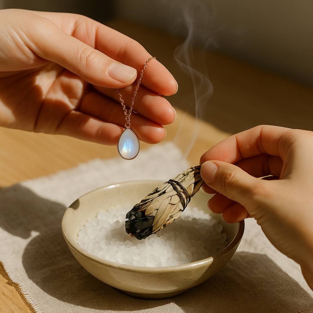 點燃白鼠尾草、聖木或檀香，用煙霧環繞月光石約30秒～1分鐘，清除吸收的負能量。配合心念或冥想進行，效果更穩定。