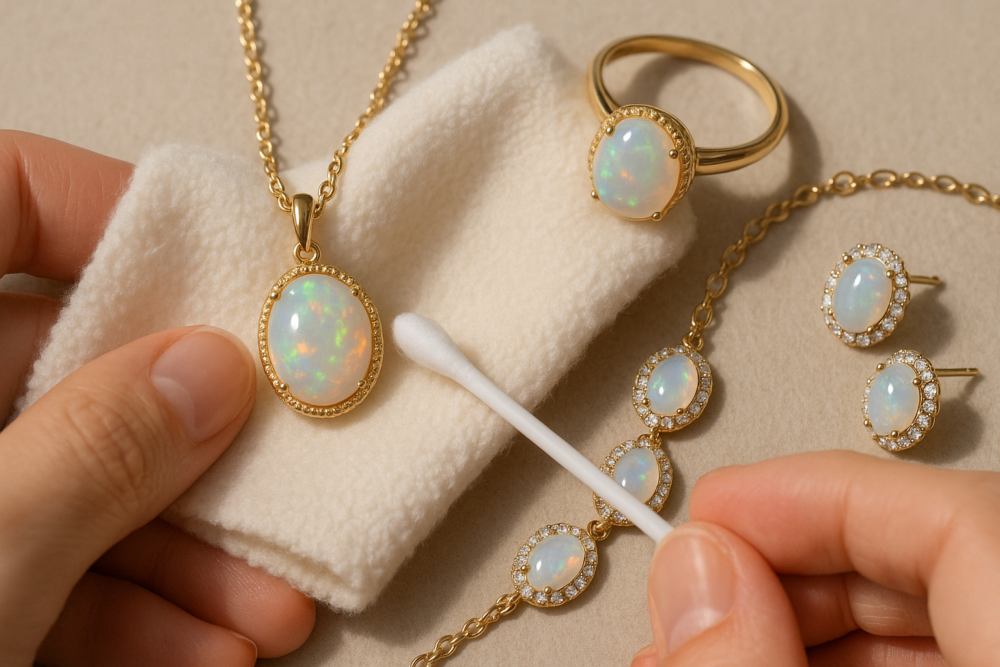 使用乾淨的軟布輕擦蛋白石表面，去除油脂或化妝品殘留。