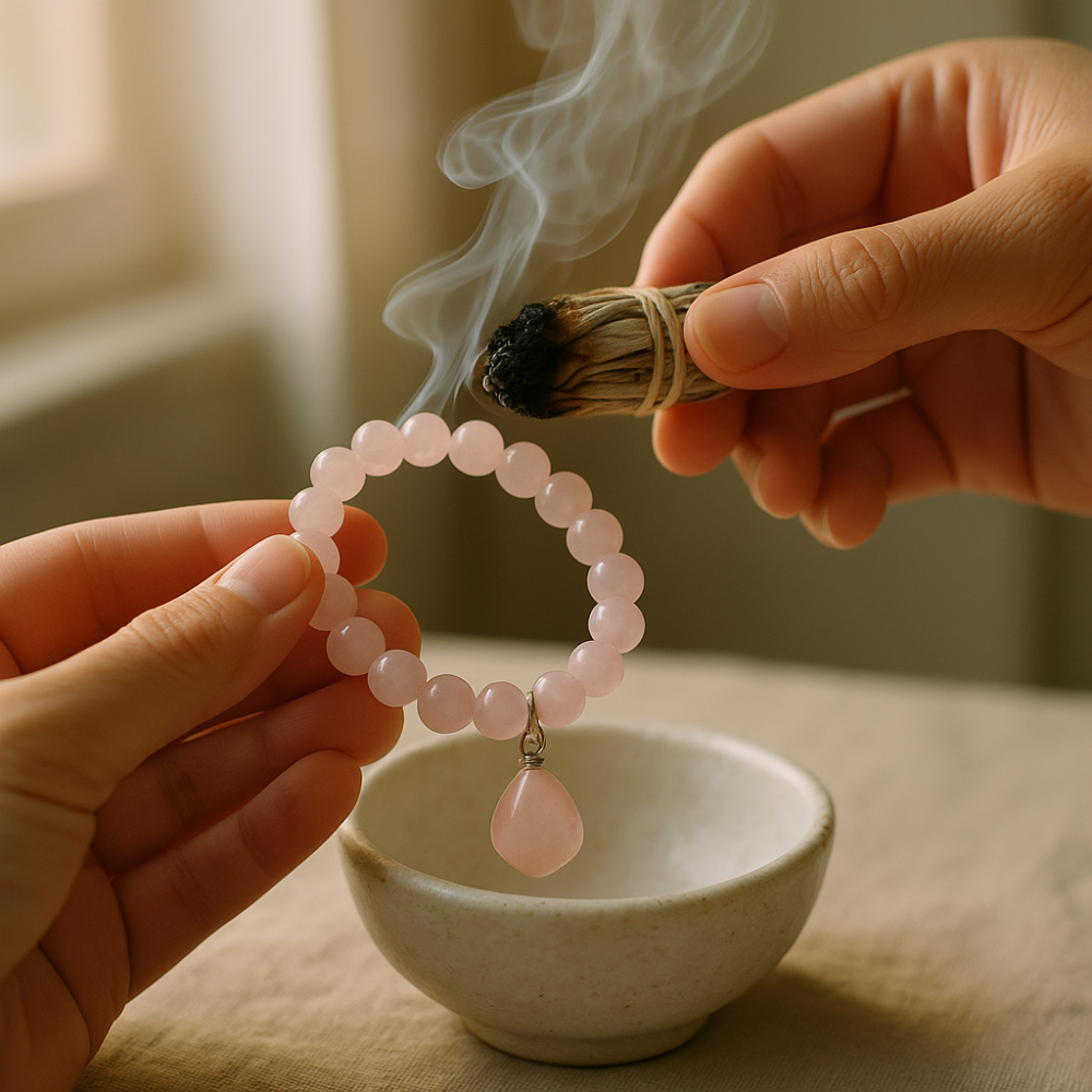 使用鼠尾草或聖木的煙霧薰淨粉晶，快速清除累積的負能量，適合冥想前使用。