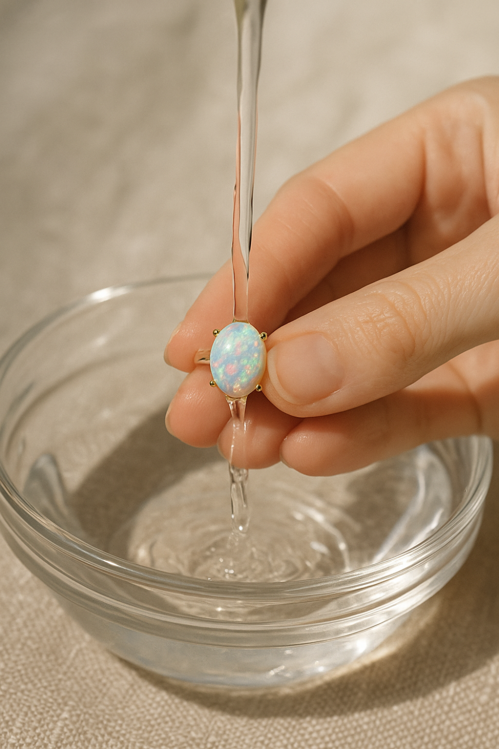 將蛋白石短暫浸泡於常溫純淨水中2～3小時，有助補充其內部水分並清除累積的能量。