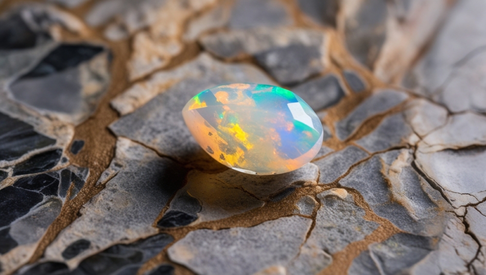 蛋白石最迷人的特點是能在光線下展現出彩虹般的「變彩效應」，色彩會隨角度變化，閃爍迷人！