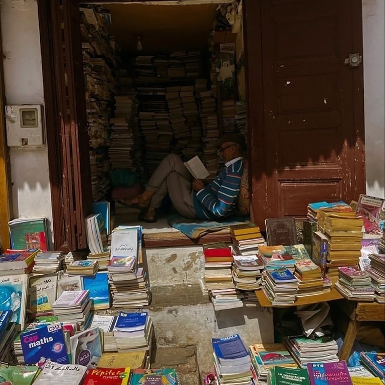 斜陽灑落老城街角,Aziz 依然靜坐在書堆中閱讀。翻動的紙頁映照著他安詳的臉龐