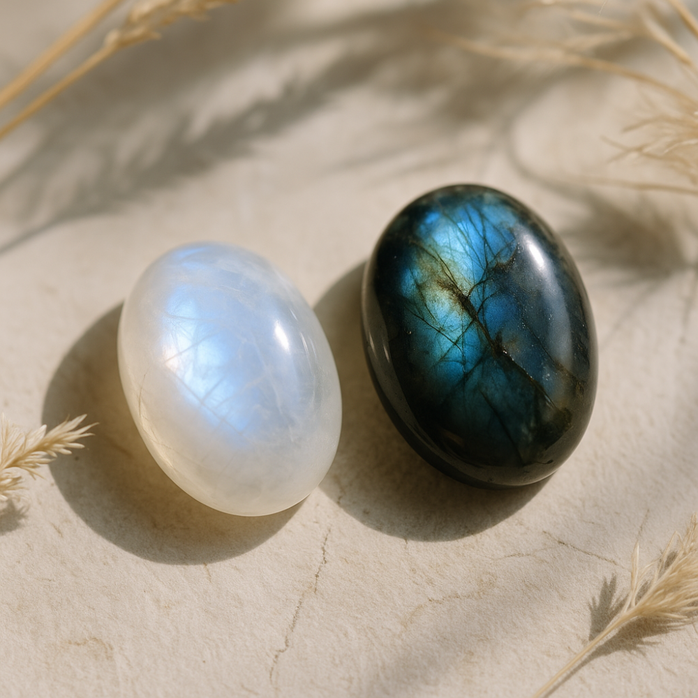 月光石和拉長石同屬長石家族的成員，經常被混淆，但在外觀、光澤、能量特質和適用對象上有明顯不同。