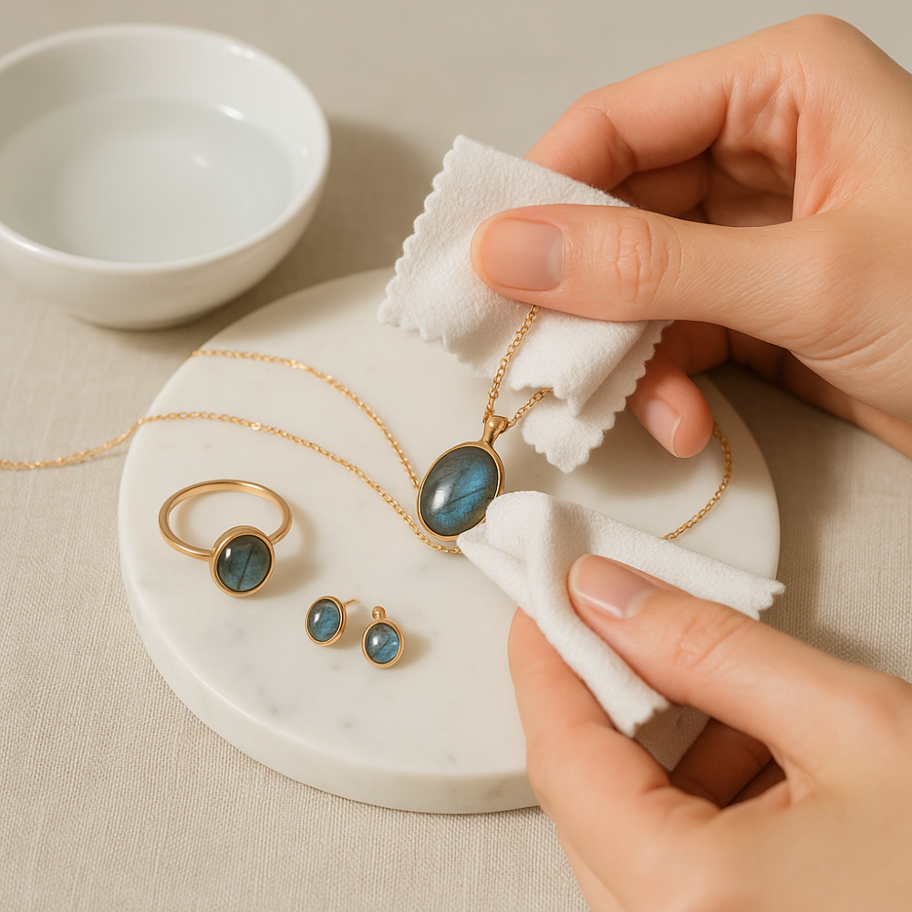 使用沾溫水的柔軟布輕輕擦拭，去除表面灰塵、汗漬和油脂。