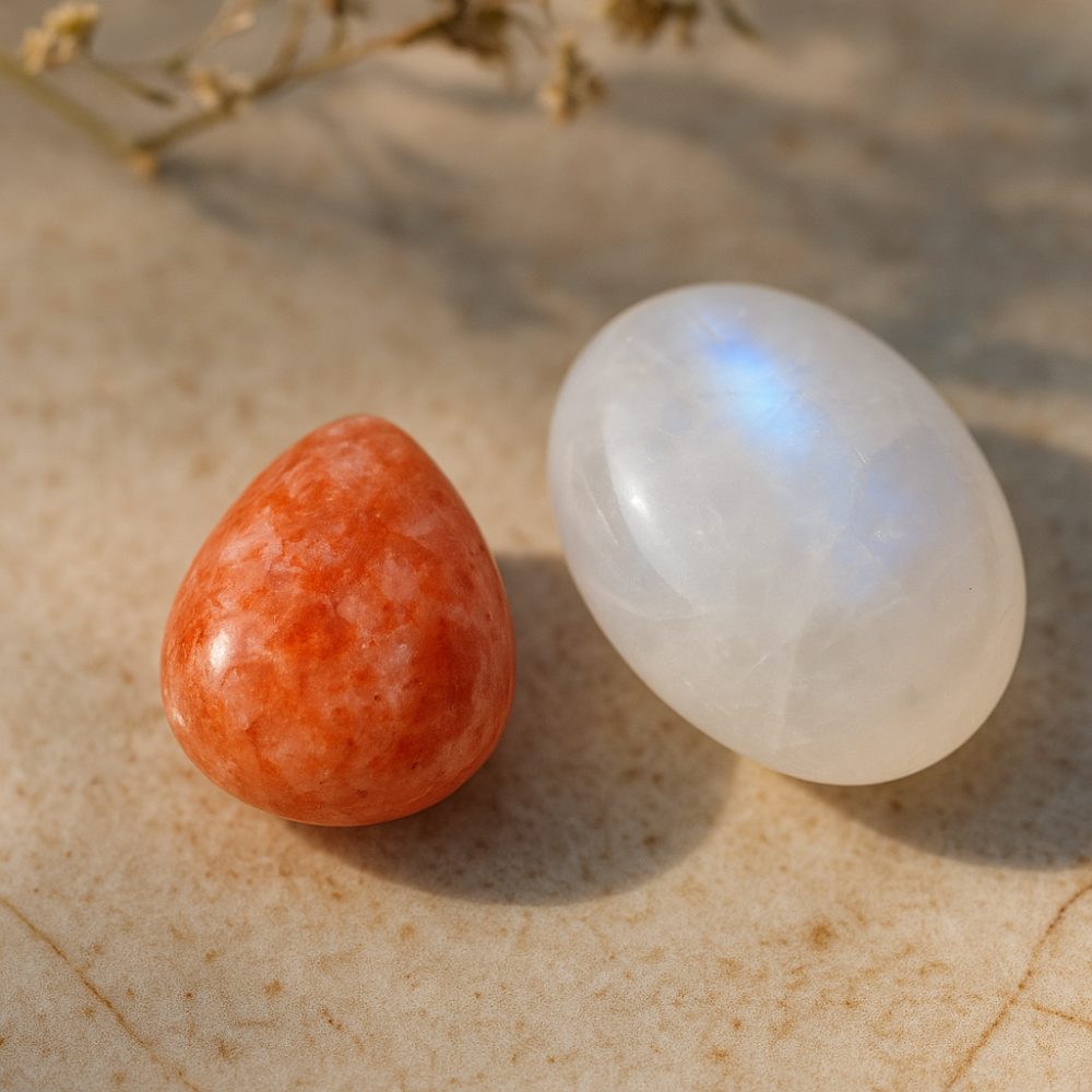 太陽石和月光石,一陽一陰,是能量互補和平衡的理想組合,搭配使用能幫助穩定情緒、調整生活節奏,維持身心平衡。