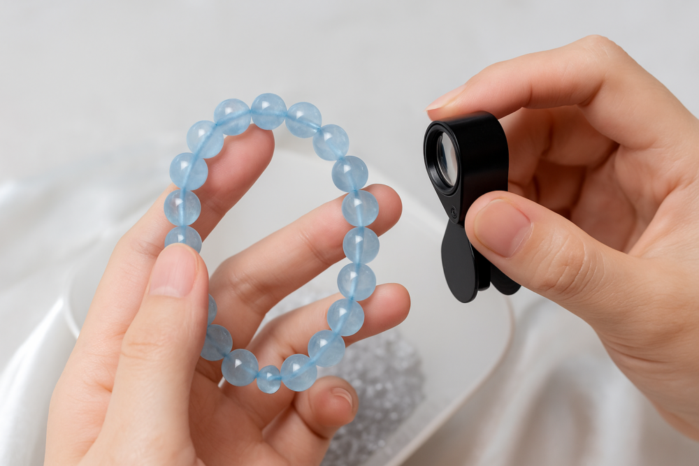 由於藍水晶真假混雜市場，我們在購買時要特別注意辨別真偽。